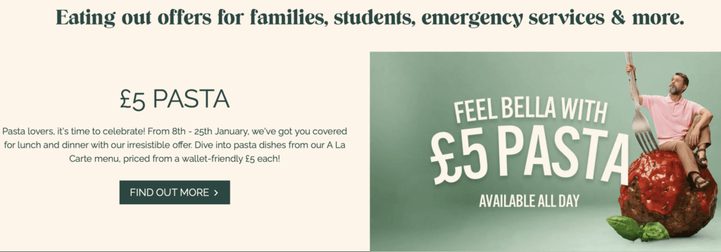 Bella Italia January offer 5 pound pasta